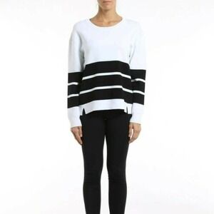 J Brand Women's White Striped Crew Neck Stretch Long Sleeve Sweater Size Medium